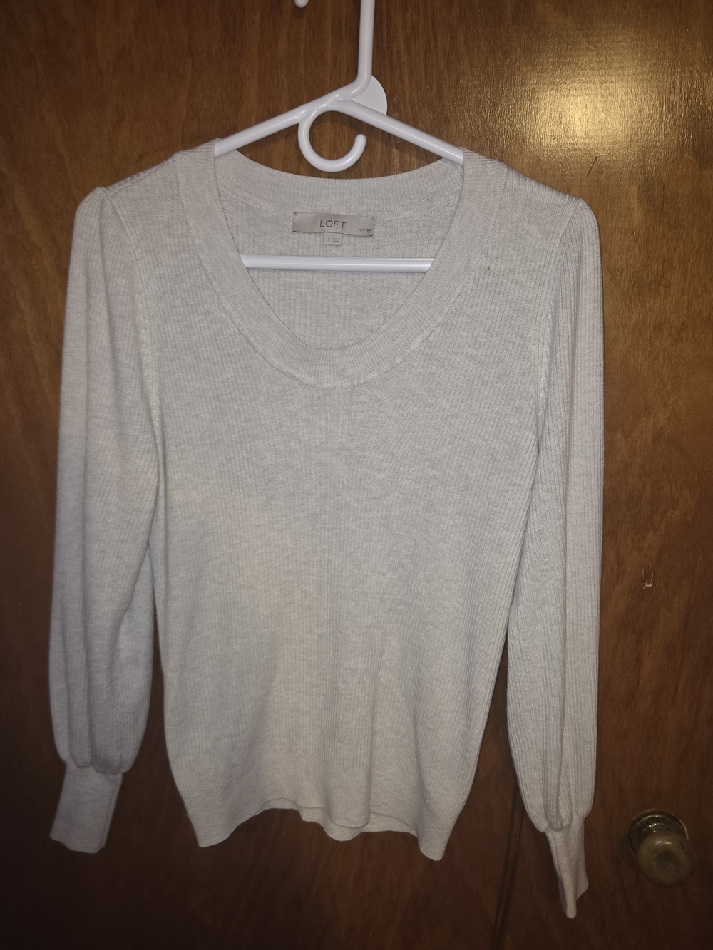 LOFT Cream Ribbed Scoop-Neck Sweater with Puff Sleeves